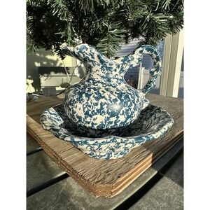 Vtg McCoy Blue Country Spongeware Stoneware Pottery Small Pitcher And Bowl Set